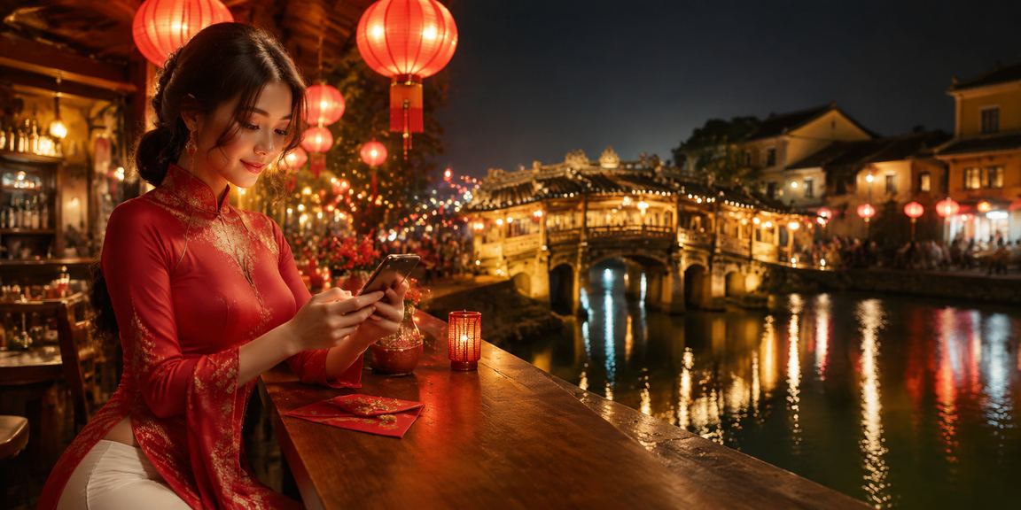 Phong cảnh phố cổ Hội An với tà áo dài và đèn lồng đỏ lung linh về đêm